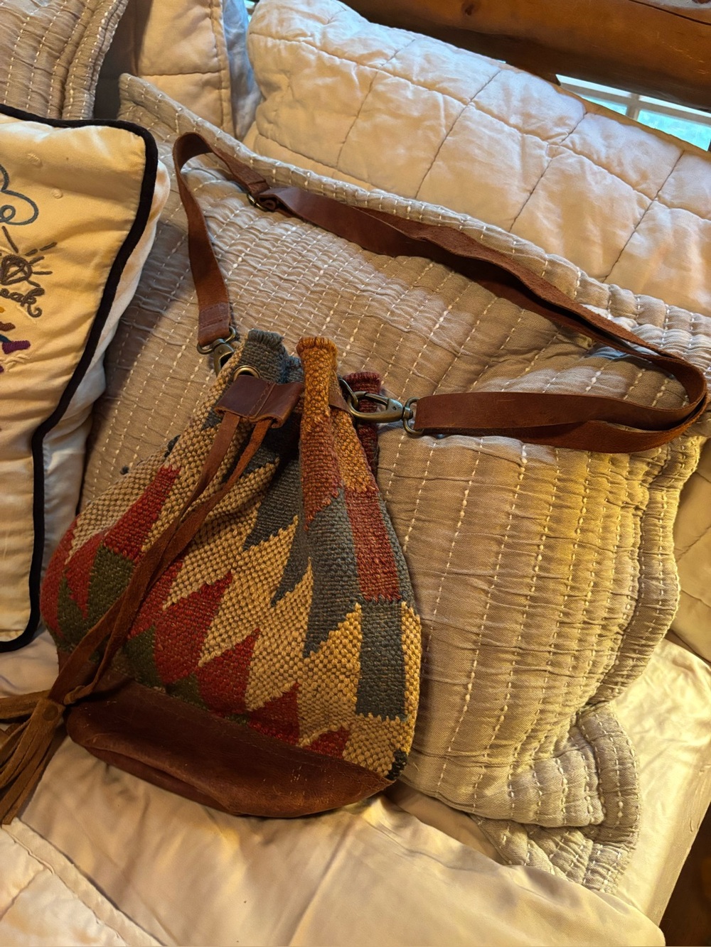 Boho Woven Bucket Bag - Multicolor with Brown Leather Trim